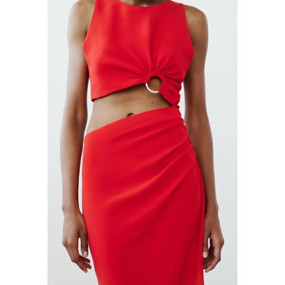 Zara Women Midi Dress M Red Sleeveless Cut Out Sexy Gold Ring 9878/166 NWT - Picture 2 of 12